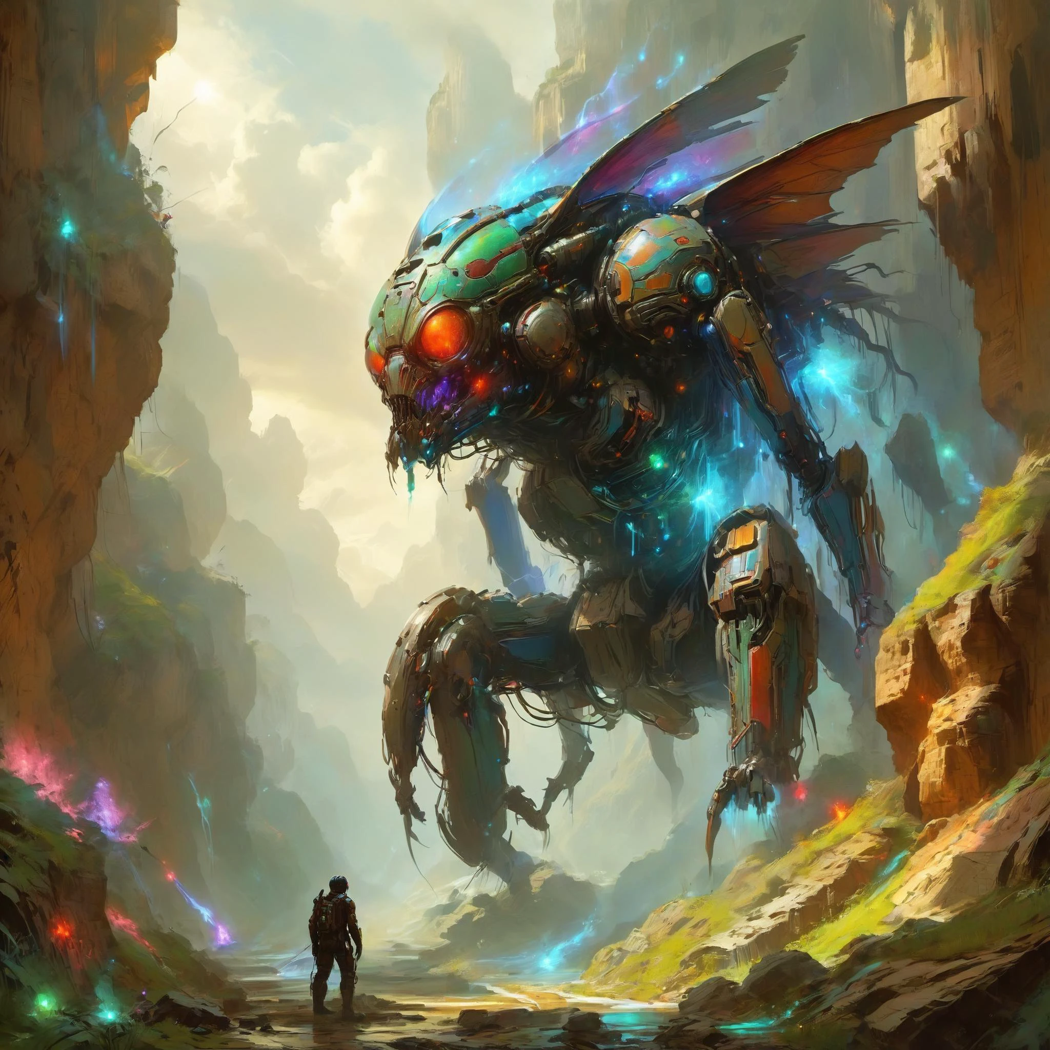 circuitrytech towering insectoid monstrosity, Echoing canyons carved by cosmic forces, digital painting,, Spotlighting, Gorgeous splash of vibrant paint, sharp focus, glowing, scifi nebula, unique environment, art by greg rutkowski and alphonse mucha, (singularity:1.33), 3 6 0 projection