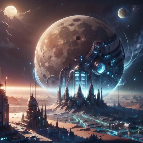 a futuristic city with a giant moon in the background