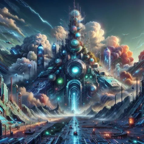 a painting of a futuristic city with a futuristic tower in the middle