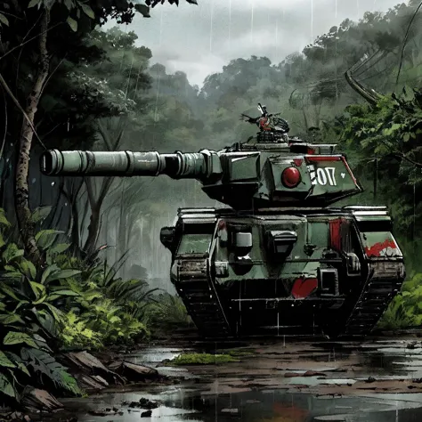 lmnrsstnk, ground vehicle, tank, vehicle focus, pulp_comic, heavy_lines, hand_drawn, hand_inked, hand_colored, jungle, road, vin...