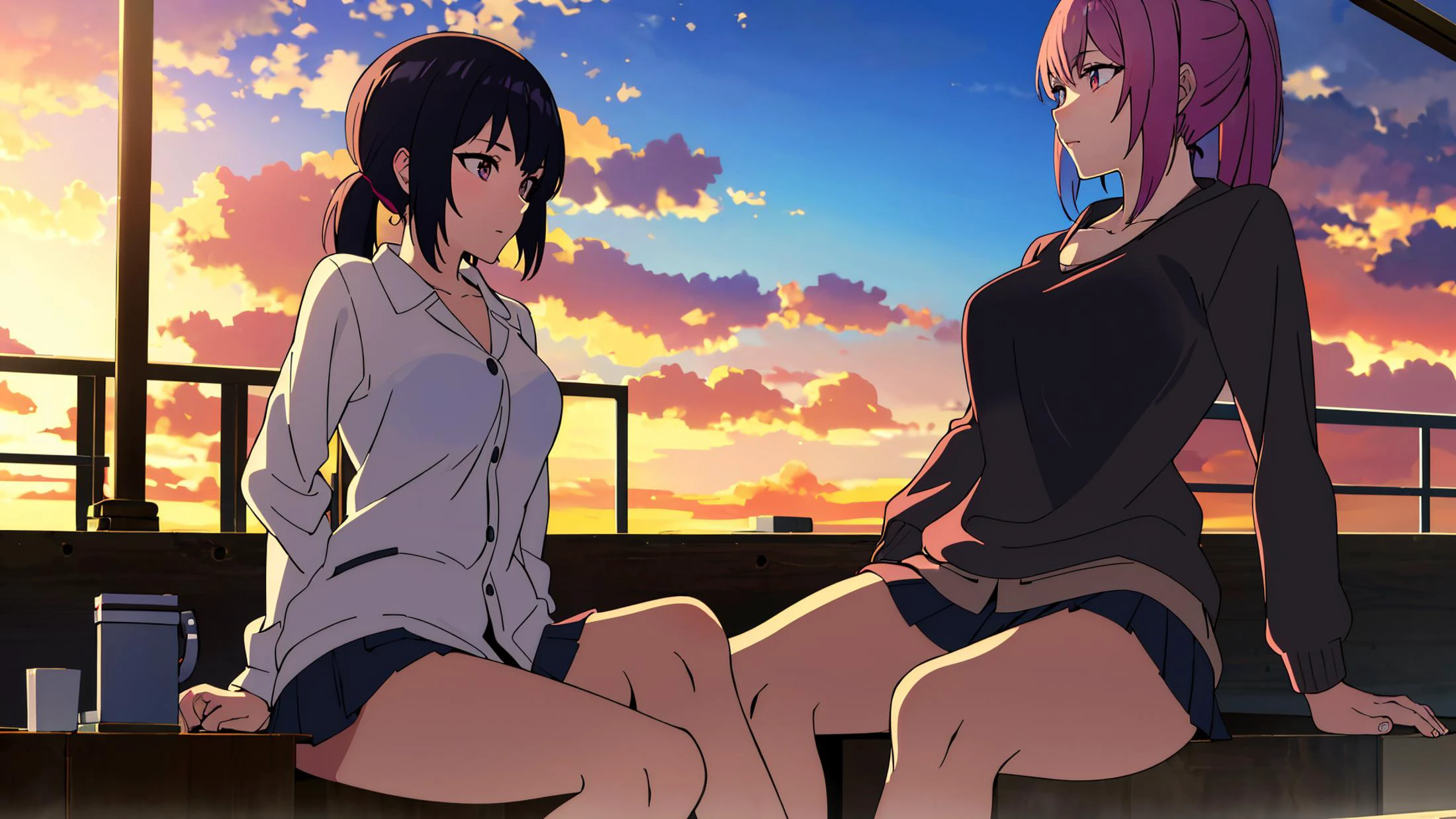 (1girl), (solo), [[huge breasts : big breasts : 5] : medium breasts : 10], braless, ponytail, (college) girl sitting on the stairs
evening, sky, orange-pink sunset, (blue sky:0.8), (volumetric:0.7) clouds, power lines, poles
(looking away), (white:0.8) underpants, short skirt, pleated skirt, skirt lift, opened jacket, (white see-through blouse), (partially bare chest), (deep neckline:0.8), hair clips
wide shot, absurdres, high resolution, (masterpiece), highest quality, high quality, higly detailed, volumetric rays, dof, bokeh, light particles 
 flat colors, 