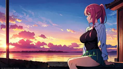 anime girl sitting on a wall looking out at the sunset