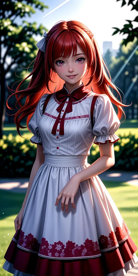 anime girl in a white dress with red hair and a red bow