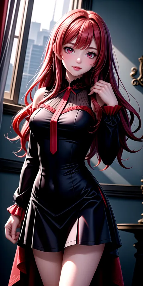 a close up of a woman in a black dress and red hair