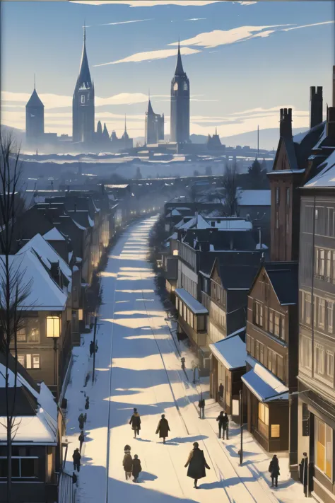 snowy street scene with people walking on the sidewalks and a clock tower in the background