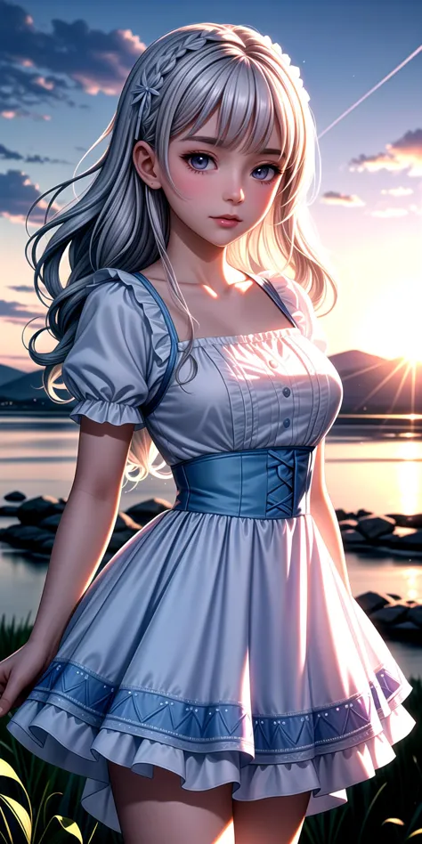 anime girl in a blue dress standing by the water