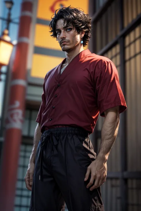 arafed man in a red shirt and black pants standing in front of a building