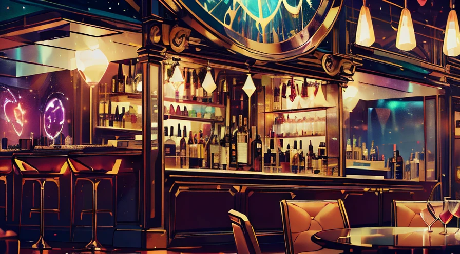 scifi Ein prickelnder French 75 Cocktail im Vordergrund, eine Bar im Hintergrund, die Gäste der Endzeit bedient, fragrealitytech wide shot, (Dark Wave Kunst:0.9), (helle Farbtöne:0.6) bokeh,