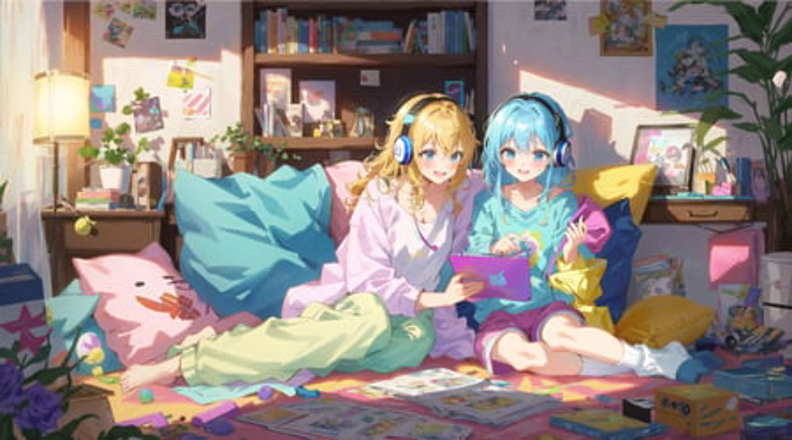 masterpiece, best quality, ultra-detailed, illustration, 2girls, sitting, playful, gaming, messy room, teenage, 15 years old, lighthearted, cozy, relaxed, cheerful, fondness, love, friendship, cute, touching, computer game, controllers, smiles, joy, laughter, comfortable, slippers, pajamas, messy hair, tousled, disarray, cluttered, toys, posters, pillows, blankets, lamp, desk, chair, cozy atmosphere, warm lighting, bright colors, soft pastels, flowers, plants, books, headphones, snacks, soda, energy drinks, manga, novels, plushies, figurines, posters, pictures, posters, wall scrolls, stickers, decorations, bed, blankets, pillows, stuffed animals, cozy blankets, warm blankets, comfortable clothes, casual attire, leisure wear, sweatshirt, sweatpants, shorts, t-shirt, tank top, socks,