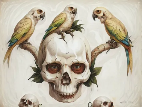 there are three parrots sitting on top of a skull