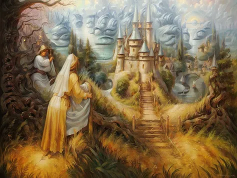 painting of a woman and a man in a yellow dress are standing in front of a castle