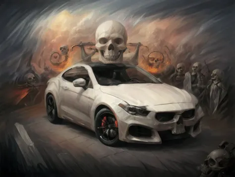 arafed image of a car with a skull on top of it