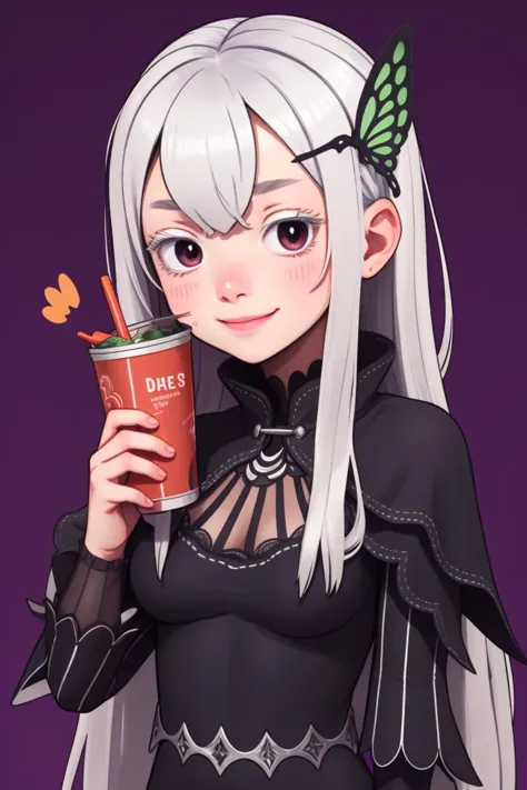 a woman with long white hair holding a cup of coffee