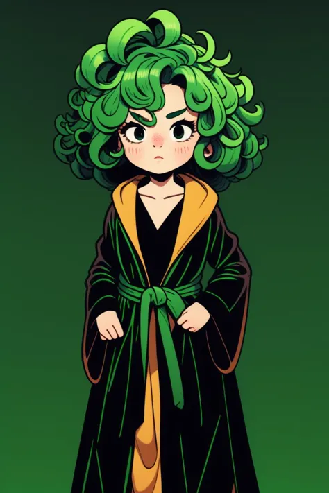 simple background, 
<lora:KawaiiVibes_V3_prunned:2.1>
<lora:TORNADO:1> green hair, curly hair, black and green robe