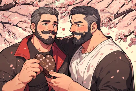 two men are holding a heart shaped cookie in front of a cherry tree