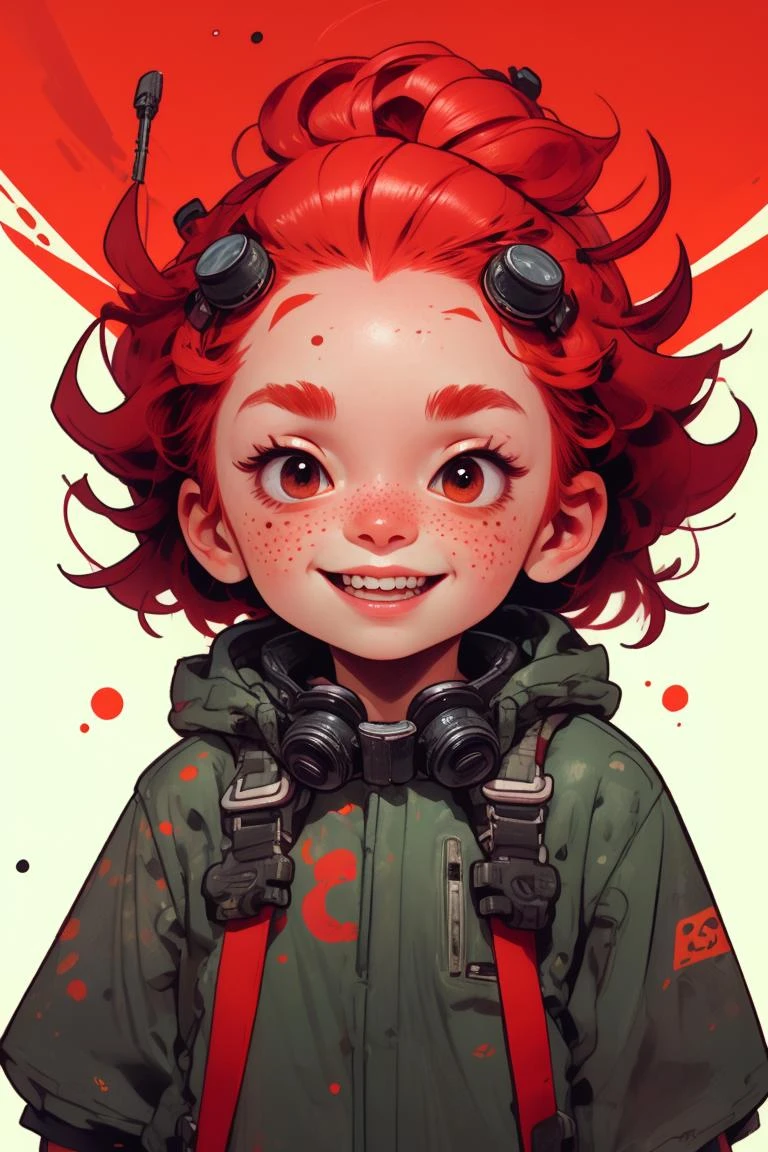 (red hair:1.2), smile, 
upper body, freckles, blush, messy hair, simple background, 
goggles, 
