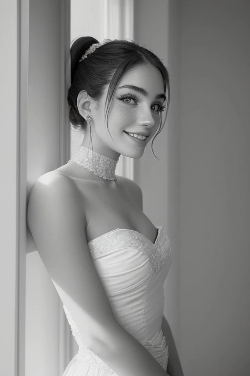 (low angle, headshot:1.2) photo of GeorgiaEllenwood,
smiling,
she is wearing  tube top
  ,
she is wearing bridal gauntlets,
her hair is styled as textured ponytail,
BREAK she is (standing by a magnificent fountain:1.1),
silhouetted against the window,
50mm
  ,shot on Pentax 5Z, rich textures,smooth wide tonality
  ,soft focus,(Ilford HP5 Plus:1.6)
  ,