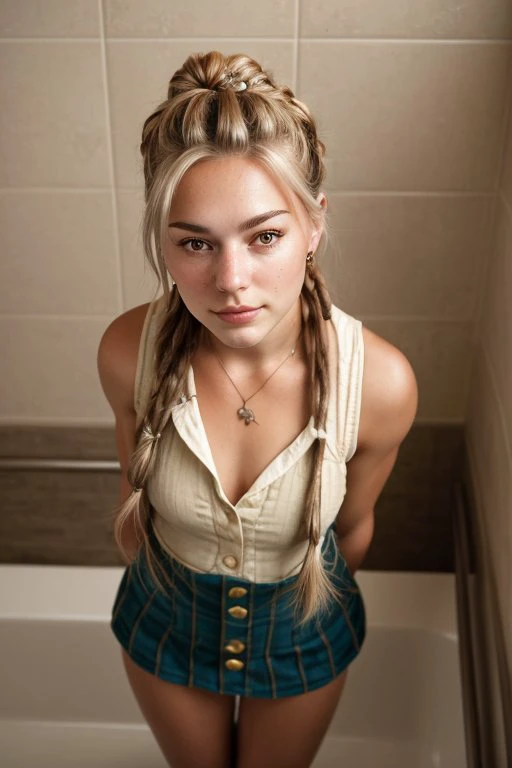 (from above, headshot:1.2) photo of GeorgiaEllenwood,
she is wearing  waistcoat
  ,
she is wearing monocle,
her hair is styled as braid-wrapped bun,
BREAK she is (in the bathroom:1.1),
low key lighting,
shot on Rolleiflex
  ,long exposure,
in the style of Kim Keever