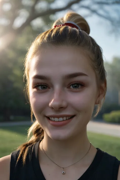 realistic photo of <lora:sd15_GeorgiaEllenwood_locon_24_v1:.9> GeorgiaEllenwood, focus on eyes, close up on face, smile, wearing jewelry, hair styled as curled ponytail, lens flare