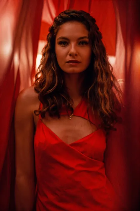 a beautiful pretty woman <lora:Alexa_Davalos_512x768:0.85> among the red fabric swaying in the wind, orange, red, very detailed,...