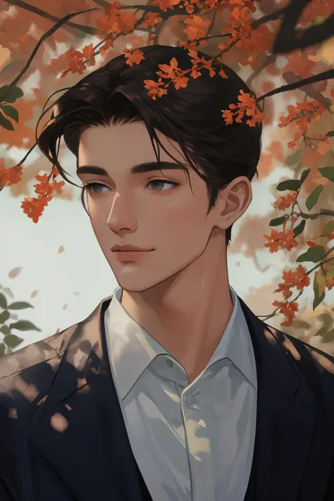 masterpiece, best quality, realistic, 1man, male focus, tall muscular, handsome, smile, closed mouth, suit, portrait, extremely detailed face, autumn,fruits