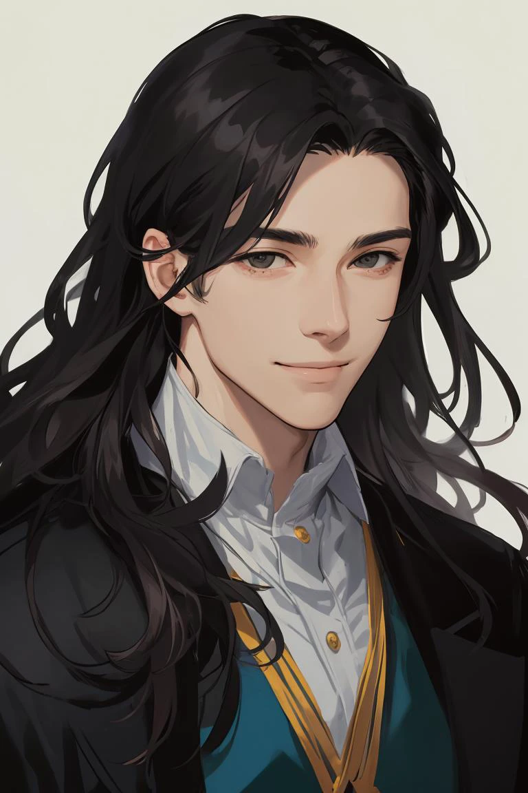 masterpiece, best quality, realistic, 1man, mature male, tall muscular, handsome, smile, closed mouth, portrait, extremely detailed face, (long wavy hair), (black hair)