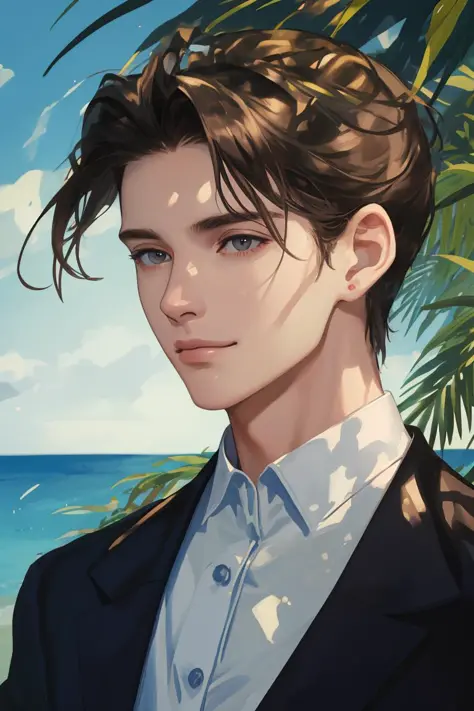 masterpiece, best quality, realistic, 1man, male focus, tall muscular, handsome, smile, closed mouth, suit, portrait, extremely detailed face, ocean,summer