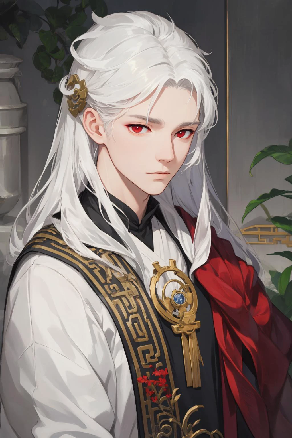 NSFW, 걸작, 최고의 품질, 매우 상세한, 반현실적인, 상세한 얼굴 특징, 1남, 흰머리, 긴 머리, 빨간 눈, Xianxia 고대 옷을 입고