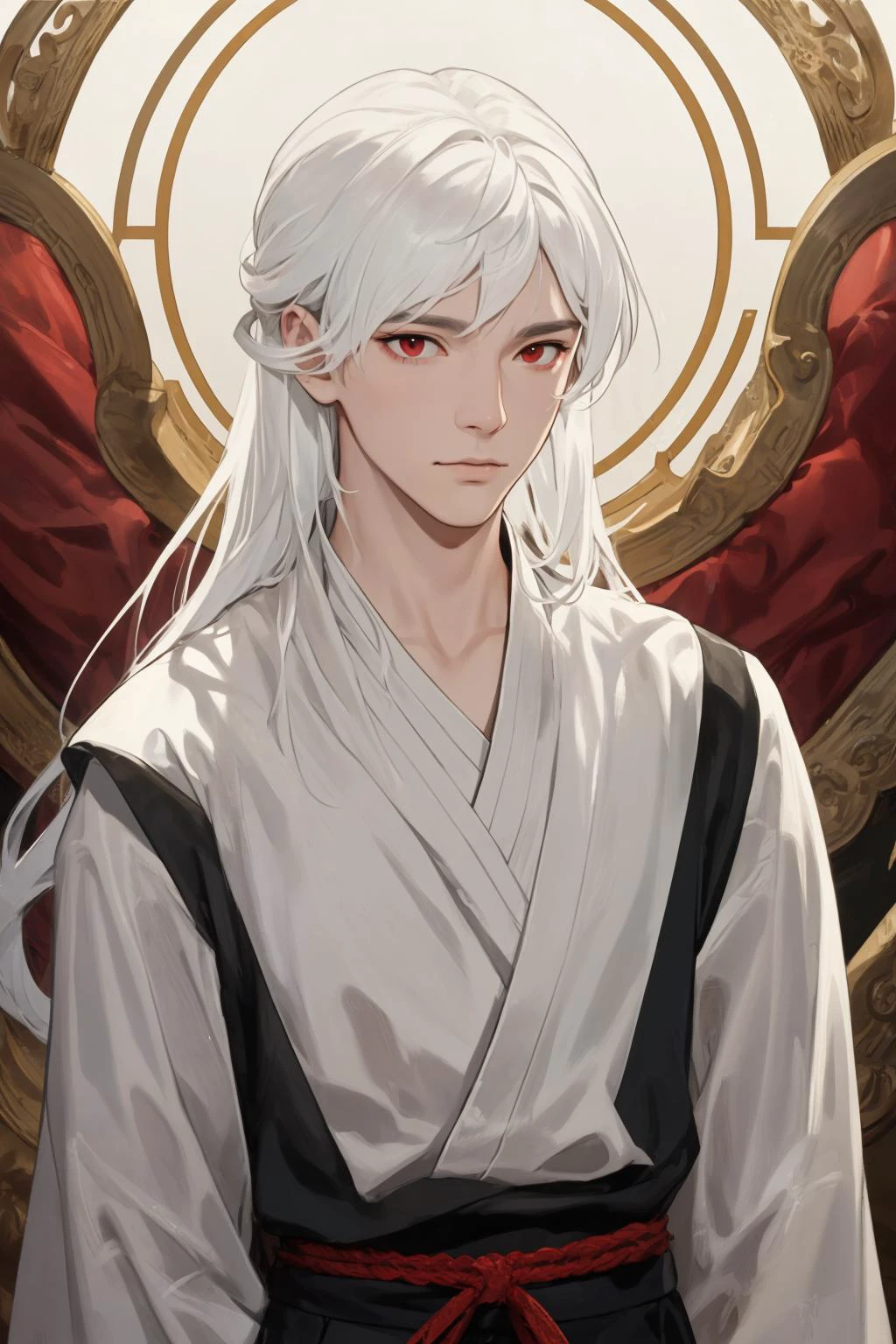 nsfw, masterpiece, best quality, ultra-detailed, semi-realistic, detailed facial features, 1boy, white hair, long hair, red eyes, wearing a detailed and intricate wuxia ancient clothes