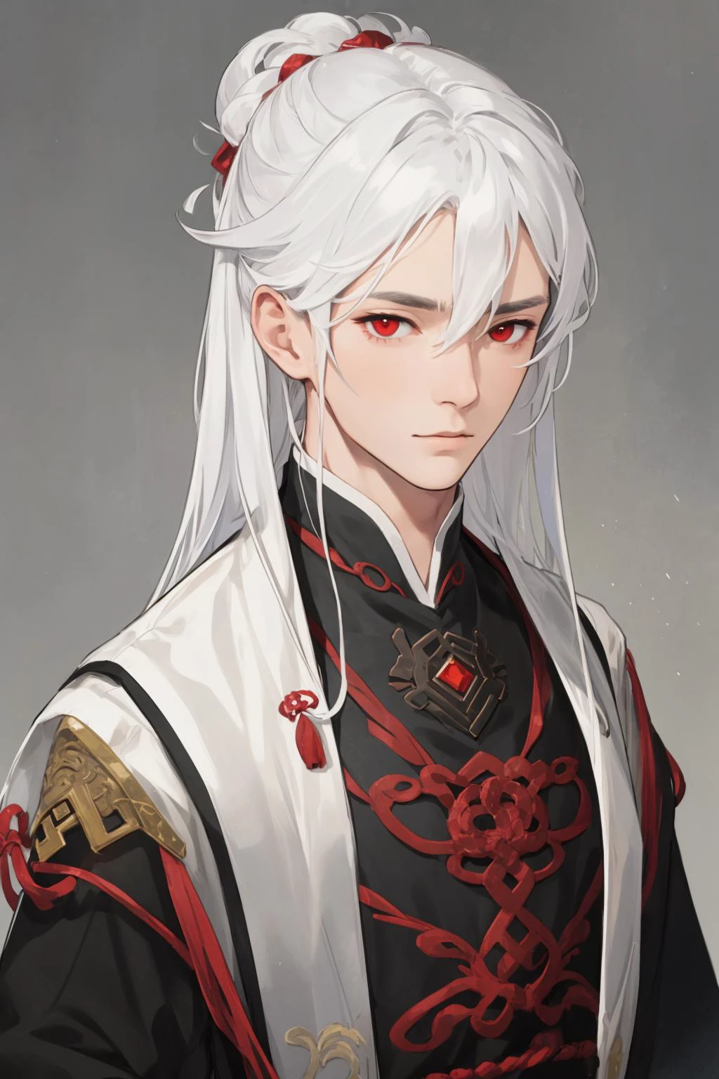 nsfw, masterpiece, best quality, ultra-detailed, semi-realistic, detailed facial features, 1boy, white hair, long hair, red eyes, wearing a detailed and intricate xianxia ancient clothes, looking at the viewer irritatedly