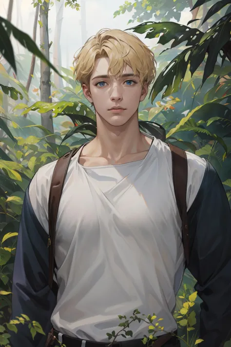 realistic, (absurdres, highres, ultra detailed), 1 male, solo, mature, tall muscular guy, broad shoulders, handsome, angular jaw, thick neck, BREAK, looking at viewer, short blonde hair, blue eyes, long sleeves, forest, trees full of greenery, fluttering leaves, natural light and shadow, Jungle exploration, lots of plants, depth of field, upper body, frontal