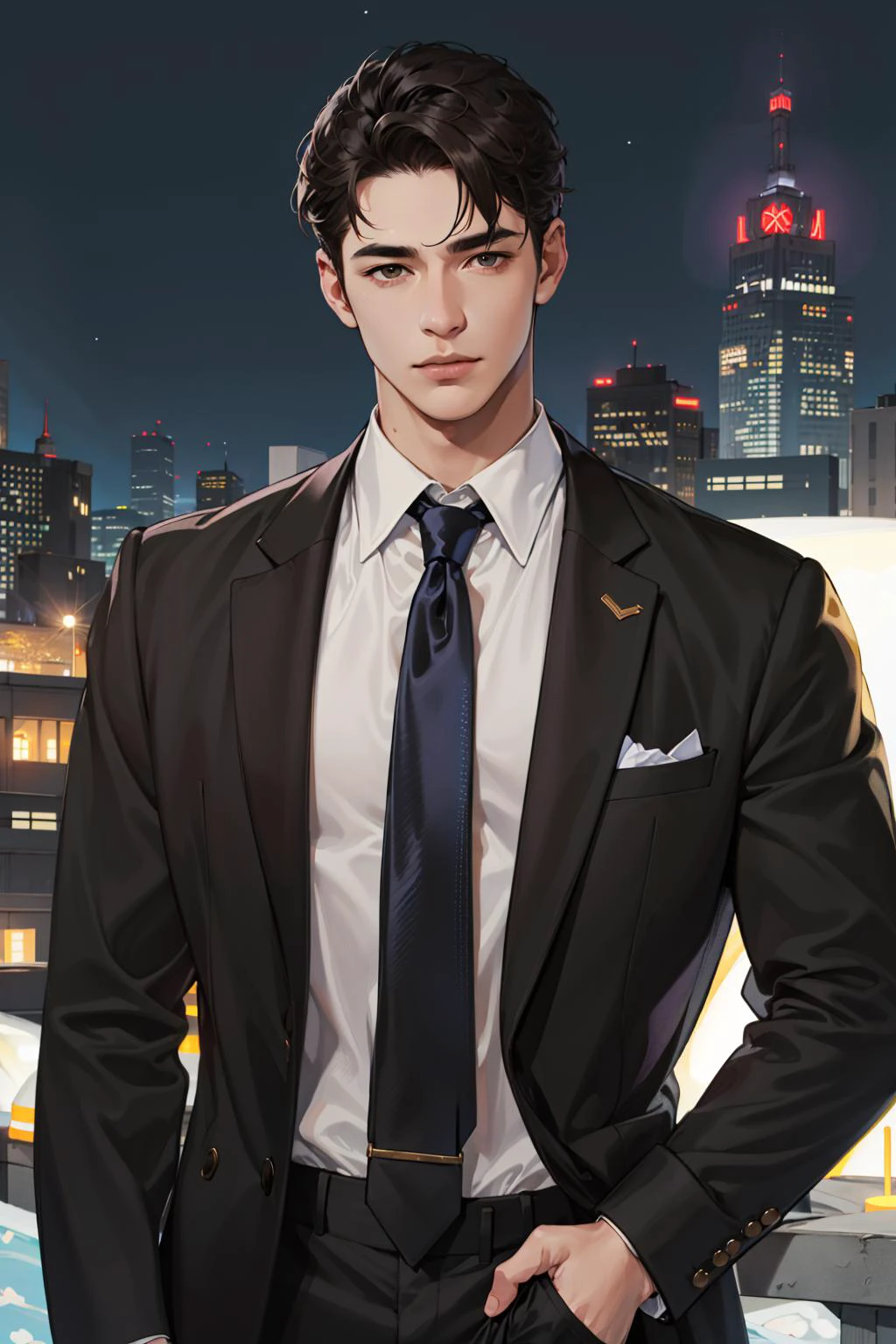 (absurdres, highres, ultra detailed, realistic, ), 1 male, solo, adult, mature, tall muscular guy, broad shoulders, handsome, very short hair, black hair, brown eyes, angular jaw, thick neck, thick eyebrows, night, dark, the night view of the city background, formal suit, necktie, upper body
