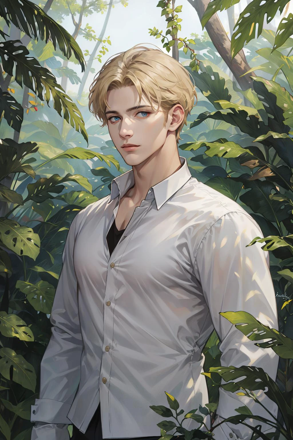 realistic, (absurdres, highres, ultra detailed), 1 male, solo, mature, tall muscular guy, broad shoulders, handsome, angular jaw, thick neck, BREAK, looking at viewer, short blonde hair, blue eyes, long sleeves, forest, trees full of greenery, fluttering leaves, natural light and shadow, Jungle exploration, lots of plants, depth of field, upper body, frontal
