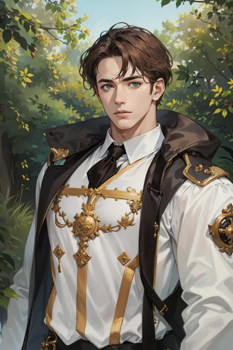 (absurdres, highres, ultra detailed, realistic), (1 male, solo, adult, mature, aged up, tall muscular guy, broad shoulders, handsome), wavy brown hair, green eyes, (angular jaw, thick neck, thick eyebrows), BREAK, forest, fantasy, Uniform, extremely detailed face, upper body