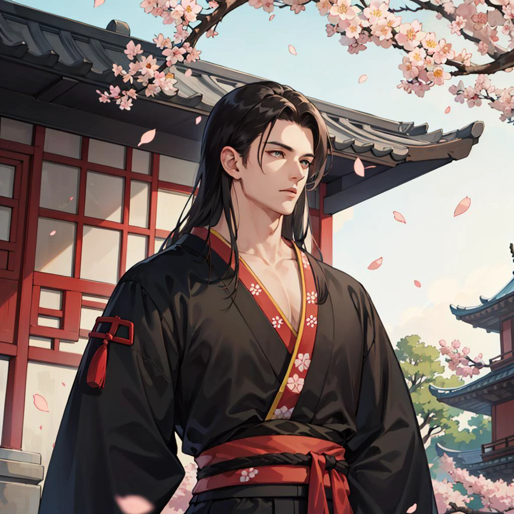 ausführlich, Mann, mit langem, Schwarz, Haar, vor dem Hintergrund der Sakura, fallende Blütenblätter, Kimono für Männer, in voller Länge, Chinesische Häuser, Pagoden, Drachen, muskulös, gutaussehend, Oberkörper