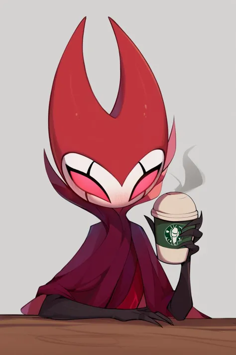 a cartoon of a red devil holding a starbucks cup