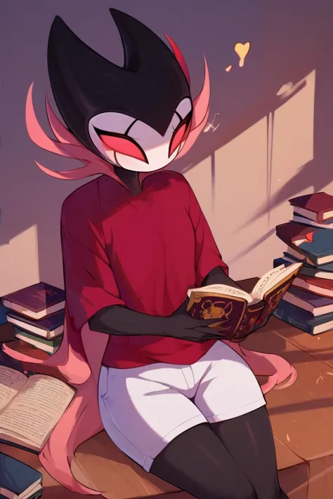 score_9, score_8_up, score_7_up, score_6_up, zPDXL2, grimm \(hollow knight\), vampire, bat, <lora:Grimm_epoch_8:0.9>, 
1boy, cute face, detailed eyes, sitting on a chair, red t-shirt, white shorts, reading a book