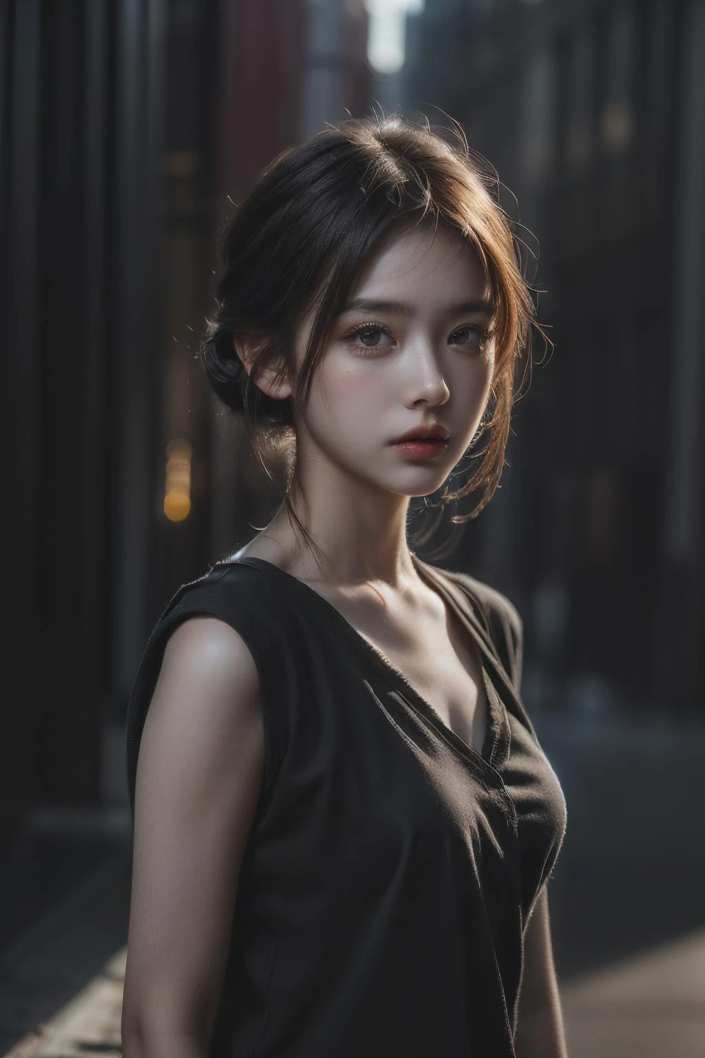 1個女孩, (看著觀眾:1.2), 細節臉,  (一個女孩站著, CGSociety 上的渲染, 黑色陰影, 串流媒體, 紐約背景), 浪漫主義, 大气, (原始照片, 最好的品質), (實際的, photo-實際的:1.3), 傑作, 極其精緻美麗, 非常詳細,