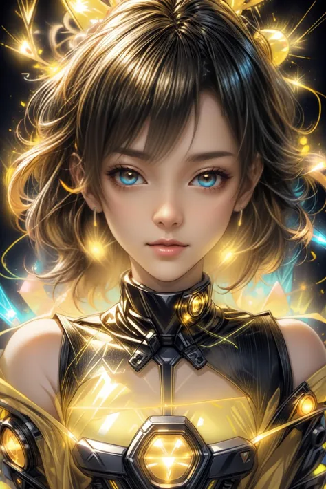 a woman with a golden armor and glowing eyes