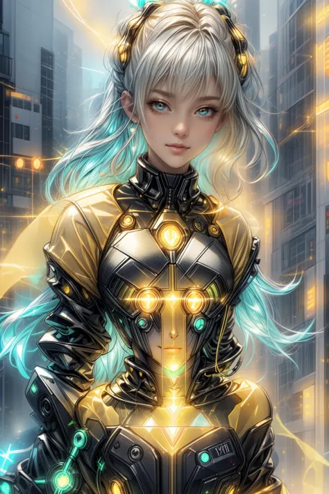 a woman in a futuristic outfit with glowing lights on her chest