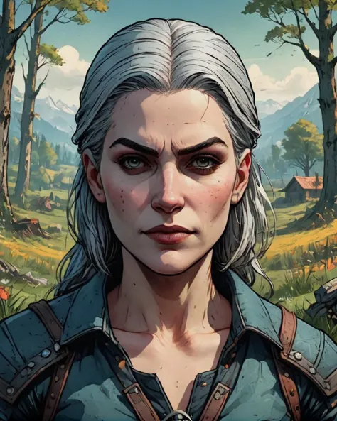 Female Witcher, Low fade hairstyle, spring background, Frightening, Excessivism, wallpaper, <lora:EldritchComicsXL1.2:1> comic b...