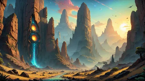 The ruins of an alien civilization, Echoing canyons carved by cosmic forces in the background,, glowwave,, ColorART, sharp focus...