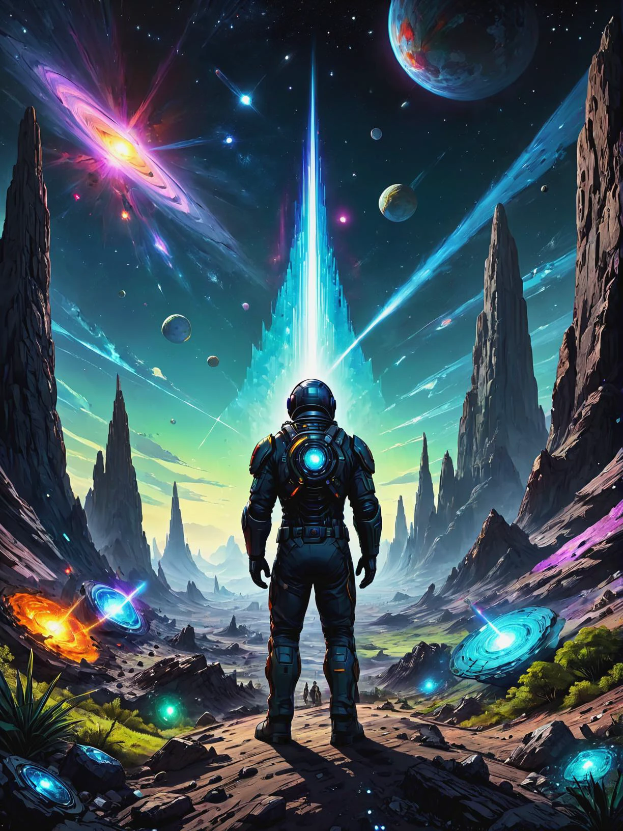 Psionic illusionist creating holographic diversions in Inhabited asteroid colony facing cosmic anomalies, ultra-fine digital painting, PENeonUV