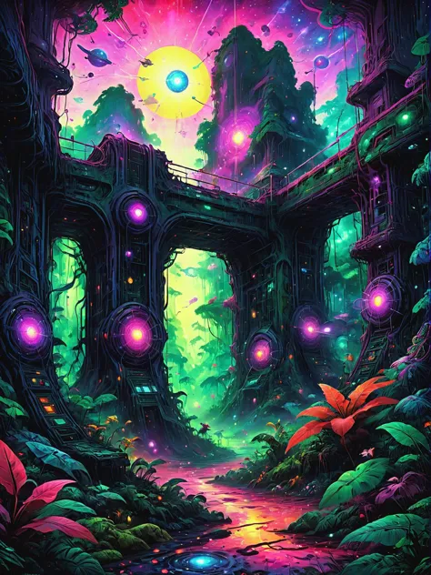 Anomalías cuánticas que adoptan formas esquivas y cambiantes en la puerta interdimensional en la jungla escondida, pintura digital ultrafina, 