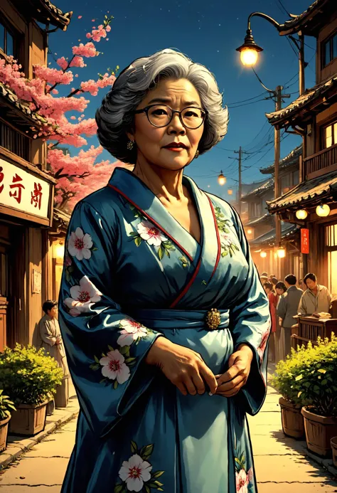 an illustration of a woman in a kimono outfit standing in a street