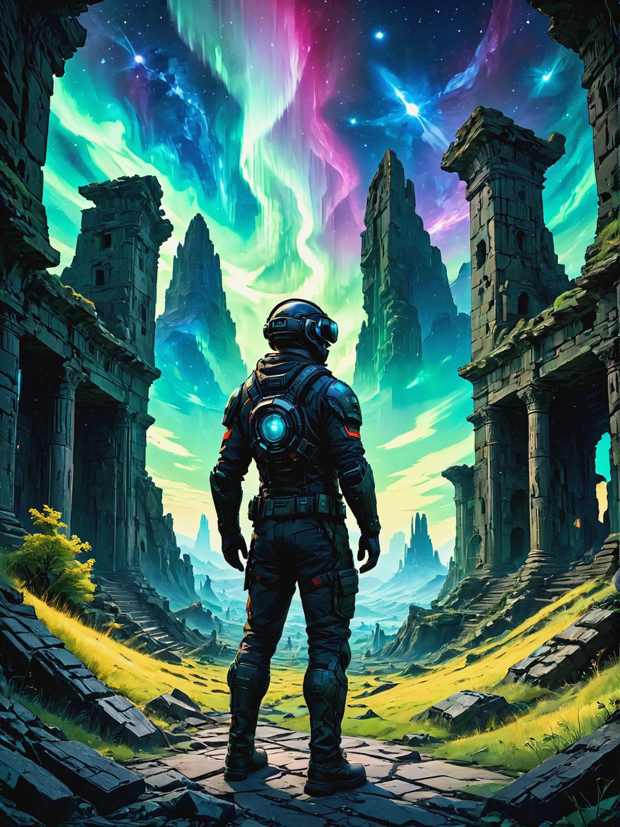 Virtual reality gamer with unmatched skills in Ancient ruins beneath cosmic auroras, ultra-fine digital painting, PENeonUV