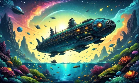 a painting of a submarine floating in the ocean with a ship in the background