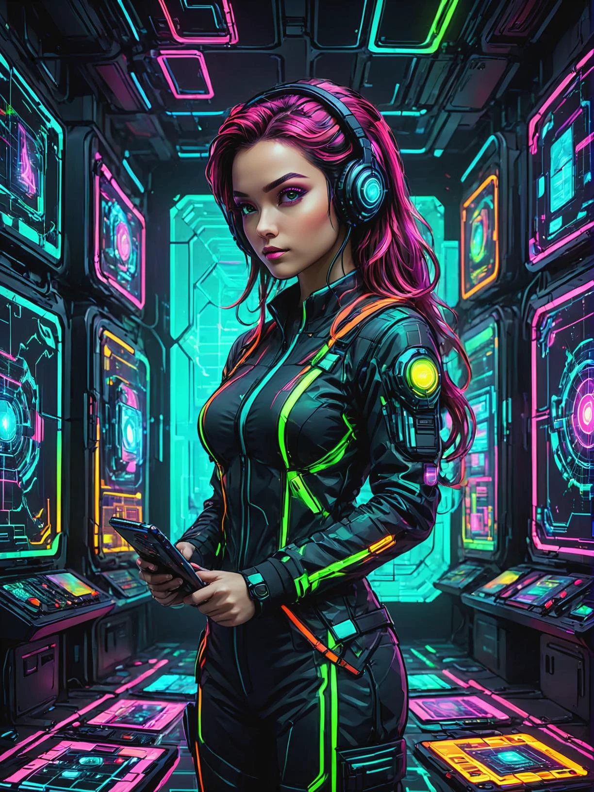 Augmented reality strategist planning tactical maneuvers in Cyberspace realm of neon grids, ultra-fine digital painting, PENeonUV