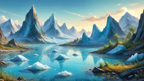 alien landscape ,Ancient petrified forests frozen in time, Glacial icebergs floating in turquoise Arctic waters , alien flora, Natural Light, <lora:EldritchComicsXL:0.7>, <lora:Rainbow_Style:0.6>, <lora:MJ52:0.4>