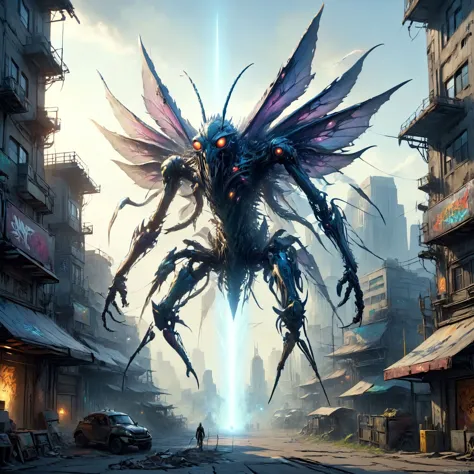 tempestmagic towering insectoid monstrosity, Biomechanical structures towering like metallic giants,,, dense light rays, ais-gra...